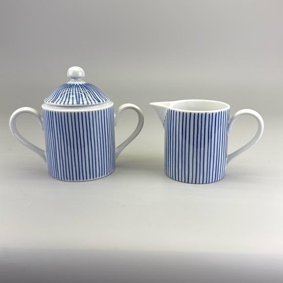 Fitz and Floyd Les Bands Blue and White Striped Sugar Creamer Set - Picture 1 of 15